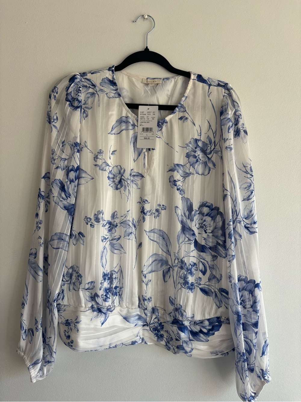 Aura White Chiffon Blouse with Blue Floral Print
